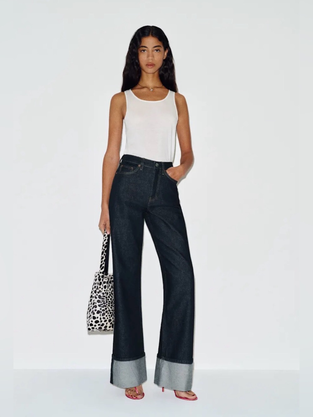High-Rise Wide Leg Cuffed Jeans